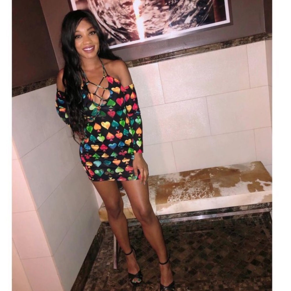Black dress with colorful spades